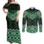 New Zealand Aotearoa Couples Matching Off Shoulder Maxi Dress and Long Sleeve Button Shirt Green Taniko Art Maori Pattern