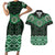 New Zealand Aotearoa Couples Matching Short Sleeve Bodycon Dress and Hawaiian Shirt Green Taniko Art Maori Pattern