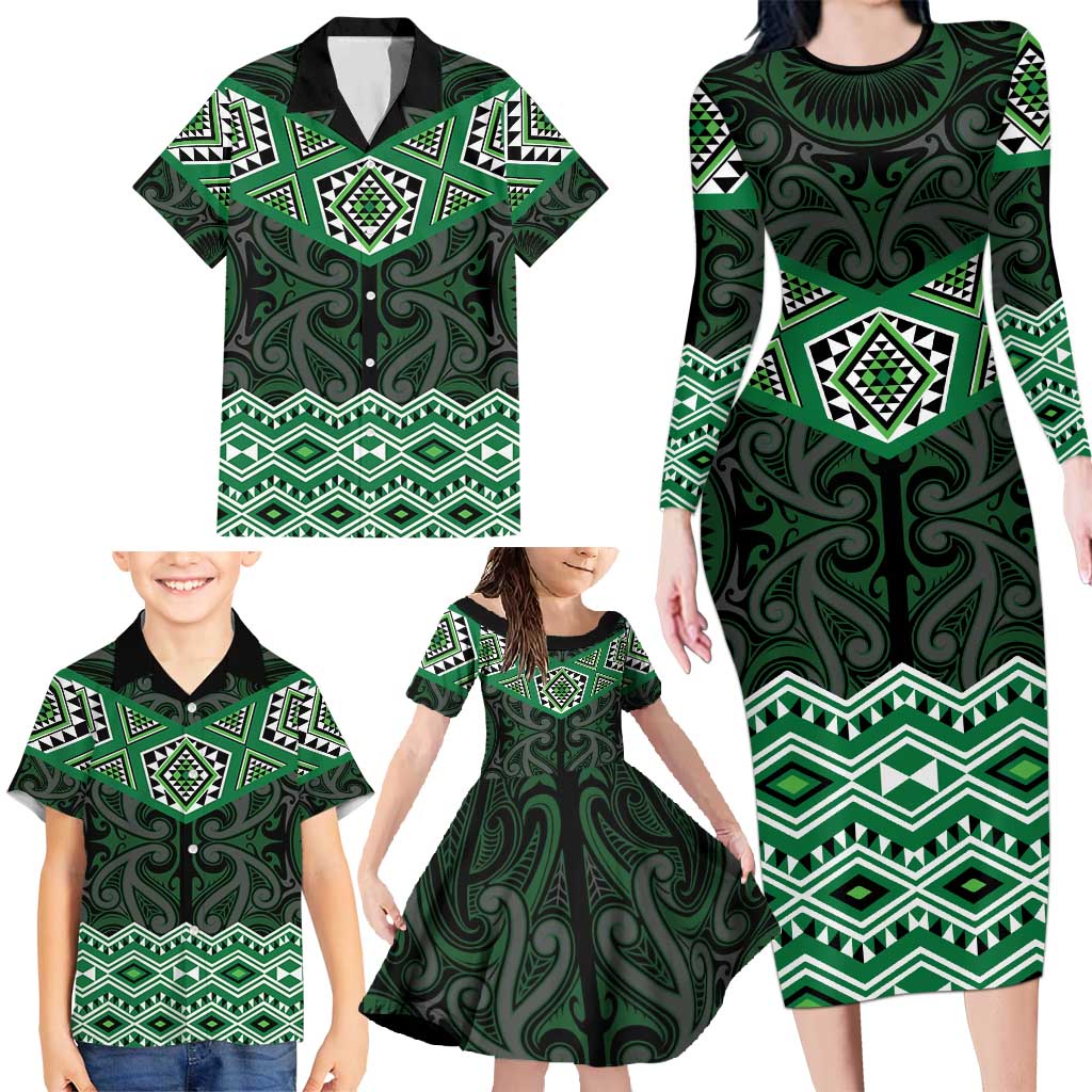 New Zealand Aotearoa Family Matching Long Sleeve Bodycon Dress and Hawaiian Shirt Green Taniko Art Maori Pattern