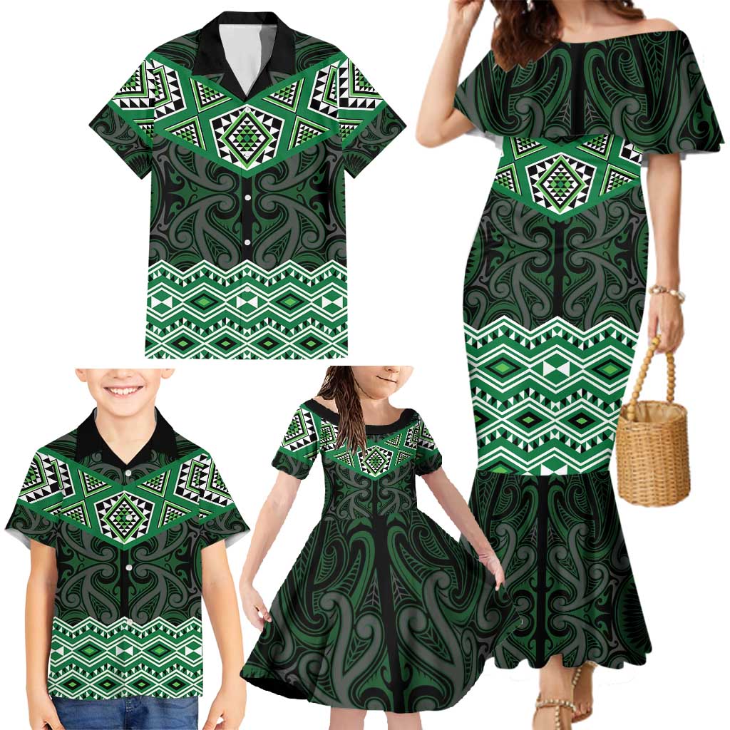 New Zealand Aotearoa Family Matching Mermaid Dress and Hawaiian Shirt Green Taniko Art Maori Pattern