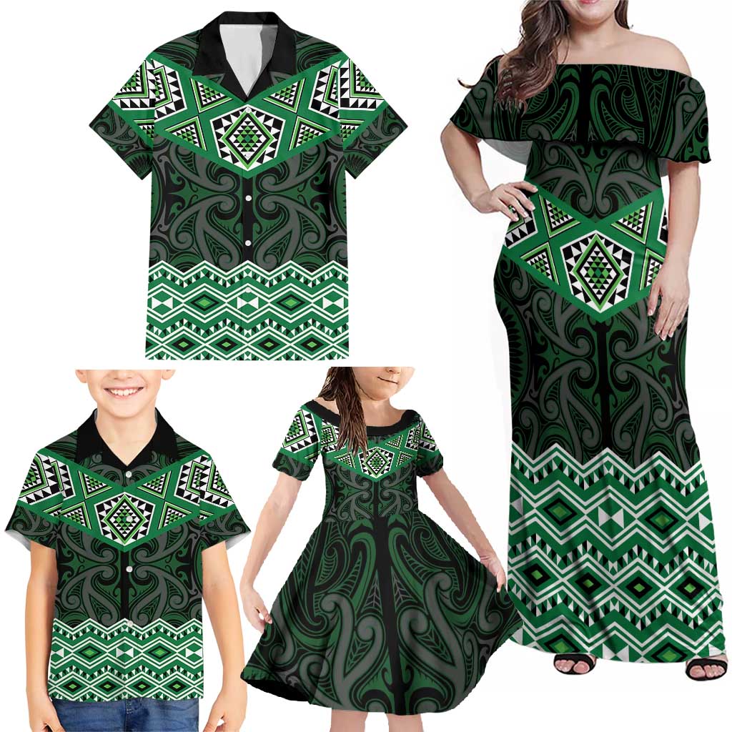 New Zealand Aotearoa Family Matching Off Shoulder Maxi Dress and Hawaiian Shirt Green Taniko Art Maori Pattern