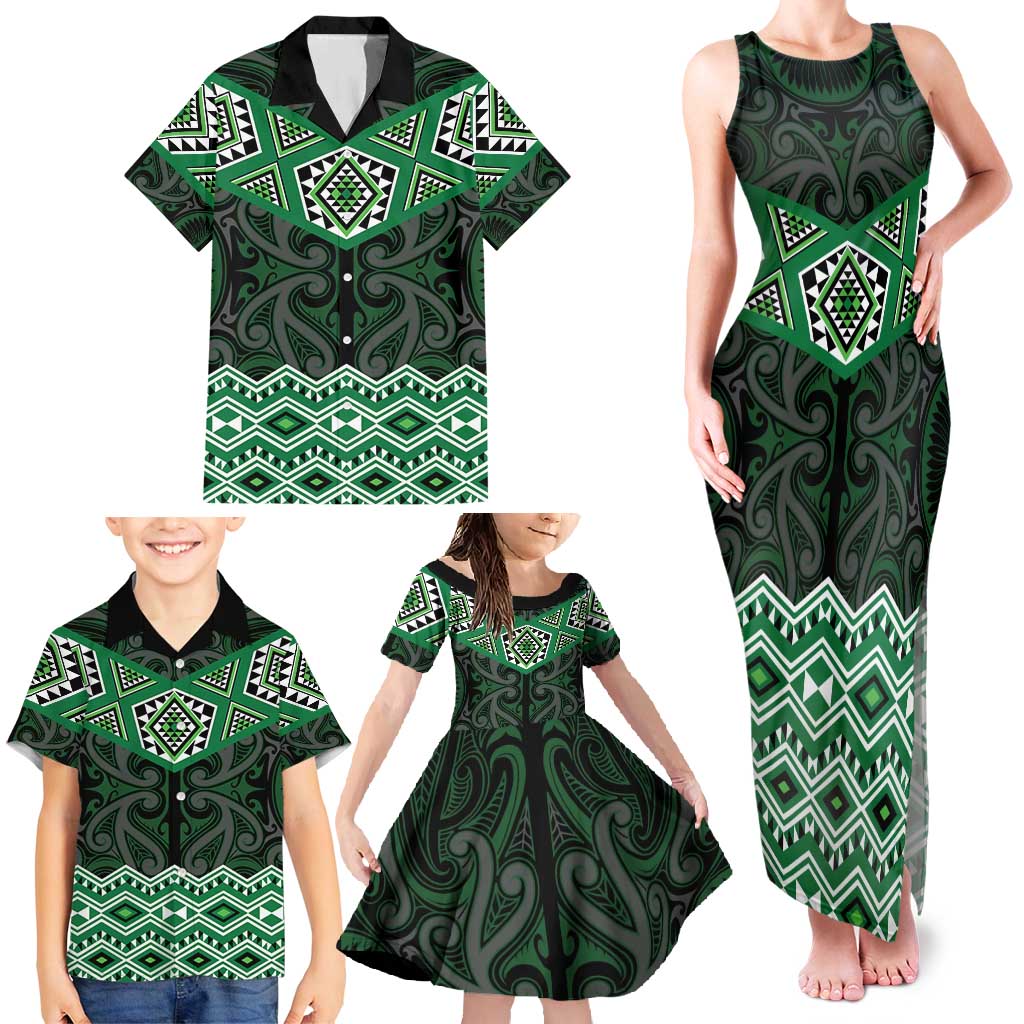 New Zealand Aotearoa Family Matching Tank Maxi Dress and Hawaiian Shirt Green Taniko Art Maori Pattern