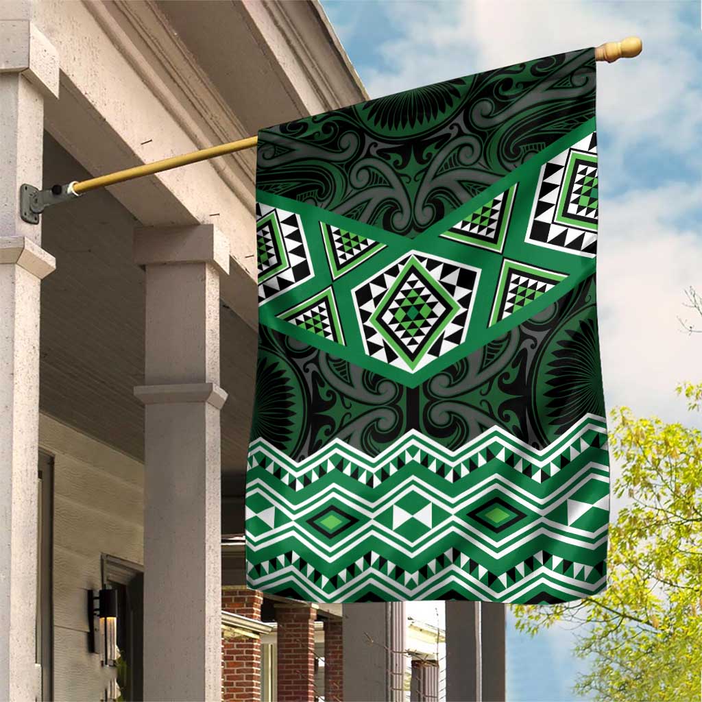 New Zealand Aotearoa Garden Flag Green Taniko Art Maori Pattern LT05 House Flag Green - Polynesian Pride