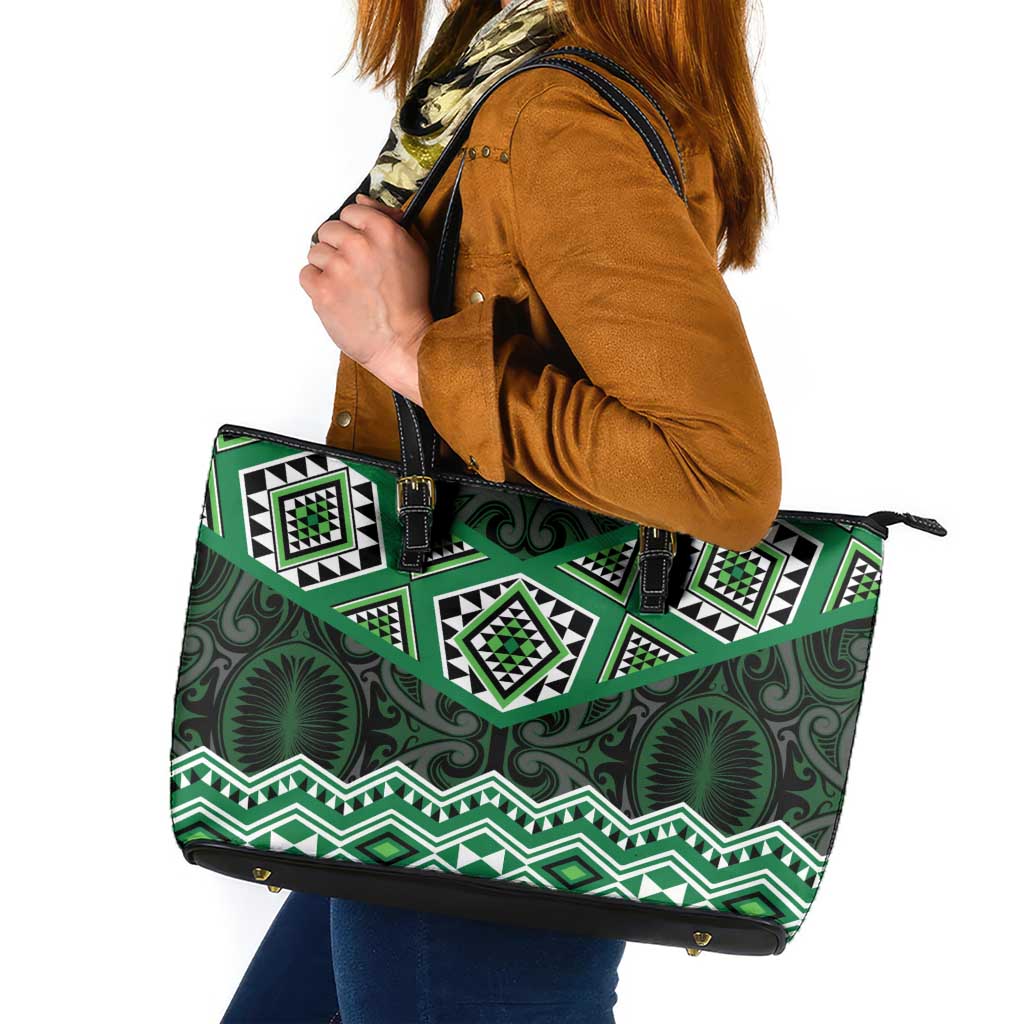 New Zealand Aotearoa Leather Tote Bag Green Taniko Art Maori Pattern LT05 Green - Polynesian Pride