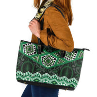New Zealand Aotearoa Leather Tote Bag Green Taniko Art Maori Pattern LT05 Green - Polynesian Pride