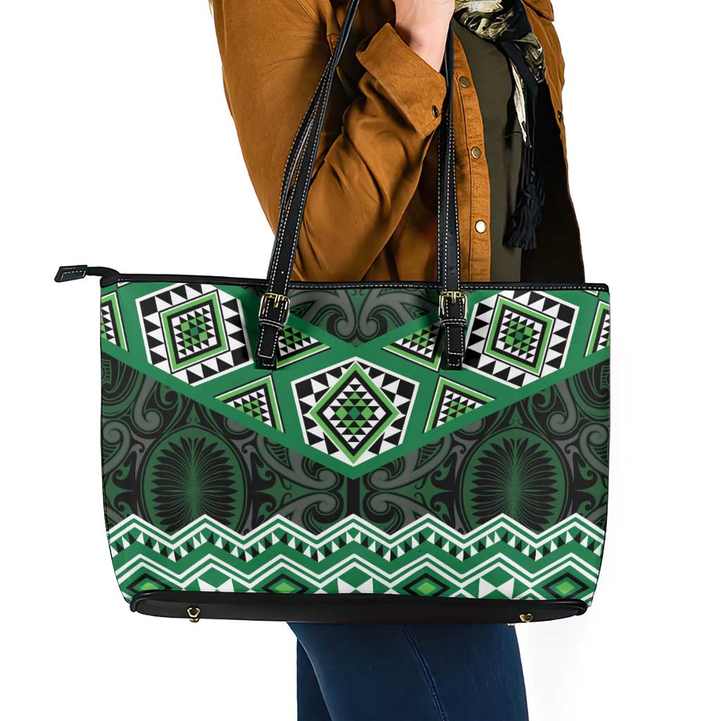 New Zealand Aotearoa Leather Tote Bag Green Taniko Art Maori Pattern LT05 - Polynesian Pride