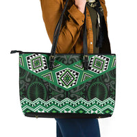New Zealand Aotearoa Leather Tote Bag Green Taniko Art Maori Pattern LT05 - Polynesian Pride