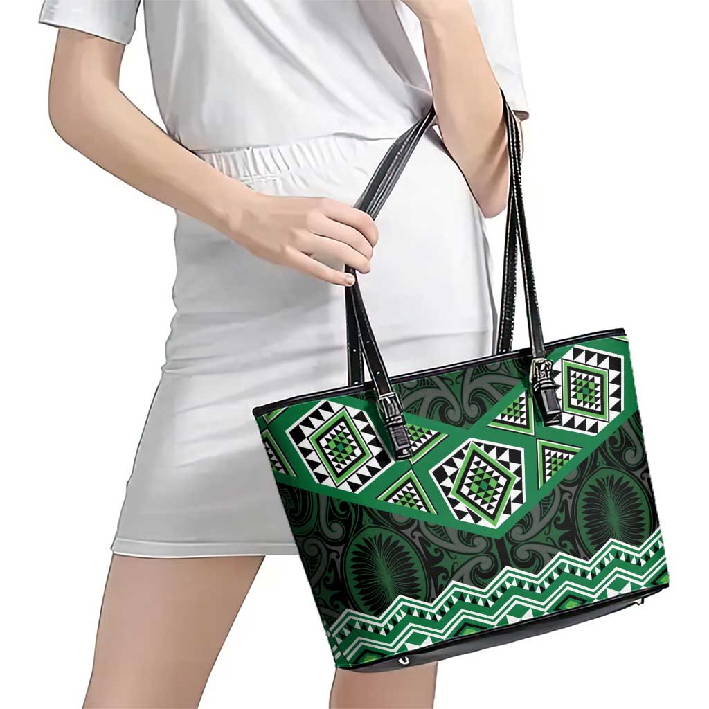 New Zealand Aotearoa Leather Tote Bag Green Taniko Art Maori Pattern LT05 - Polynesian Pride