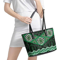 New Zealand Aotearoa Leather Tote Bag Green Taniko Art Maori Pattern LT05 - Polynesian Pride