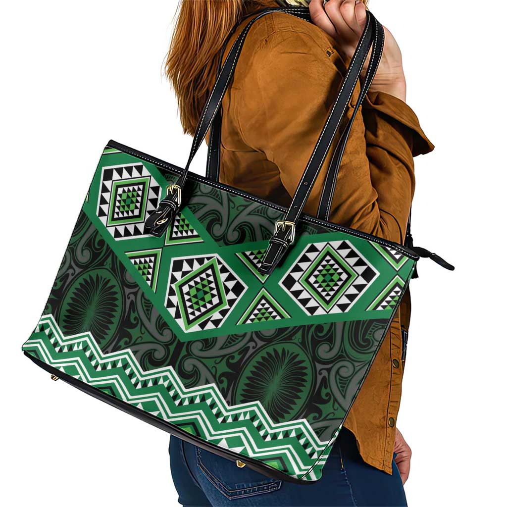New Zealand Aotearoa Leather Tote Bag Green Taniko Art Maori Pattern LT05 - Polynesian Pride
