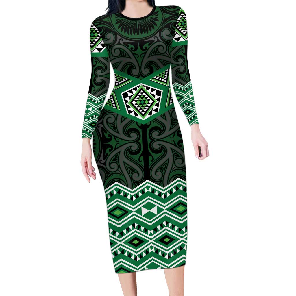 New Zealand Aotearoa Long Sleeve Bodycon Dress Green Taniko Art Maori Pattern LT05 Long Dress Green - Polynesian Pride