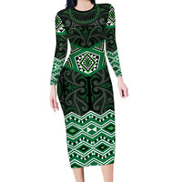 New Zealand Aotearoa Long Sleeve Bodycon Dress Green Taniko Art Maori Pattern LT05 Long Dress Green - Polynesian Pride