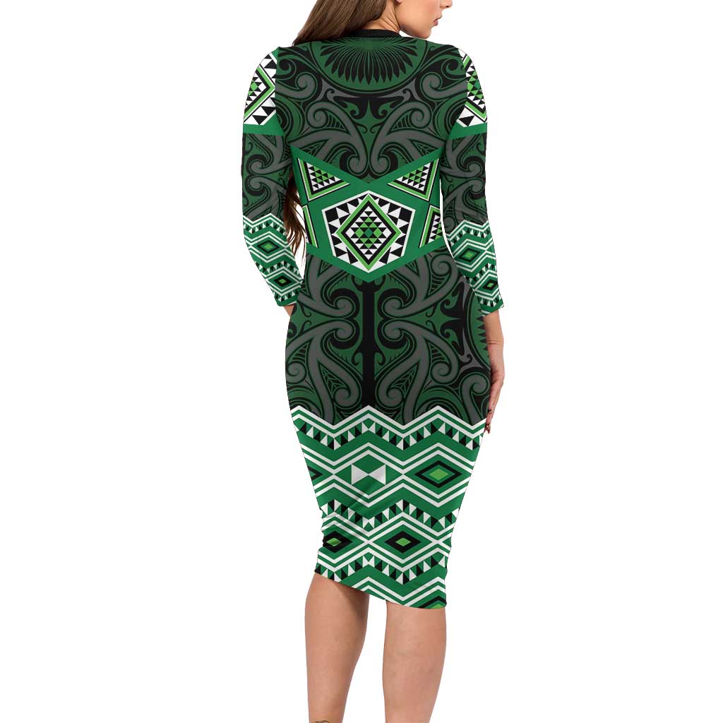 New Zealand Aotearoa Long Sleeve Bodycon Dress Green Taniko Art Maori Pattern LT05 - Polynesian Pride