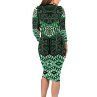New Zealand Aotearoa Long Sleeve Bodycon Dress Green Taniko Art Maori Pattern LT05 - Polynesian Pride