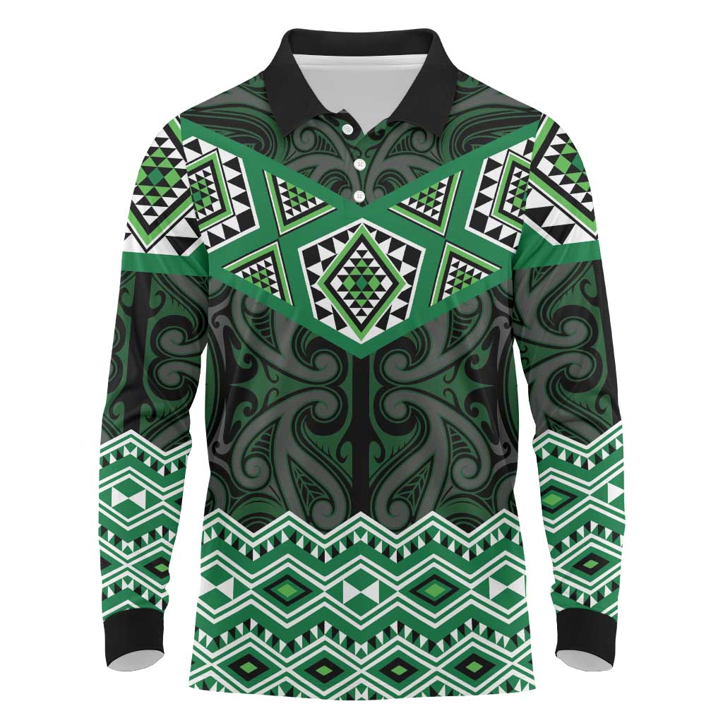 New Zealand Aotearoa Long Sleeve Polo Shirt Green Taniko Art Maori Pattern LT05 Green - Polynesian Pride