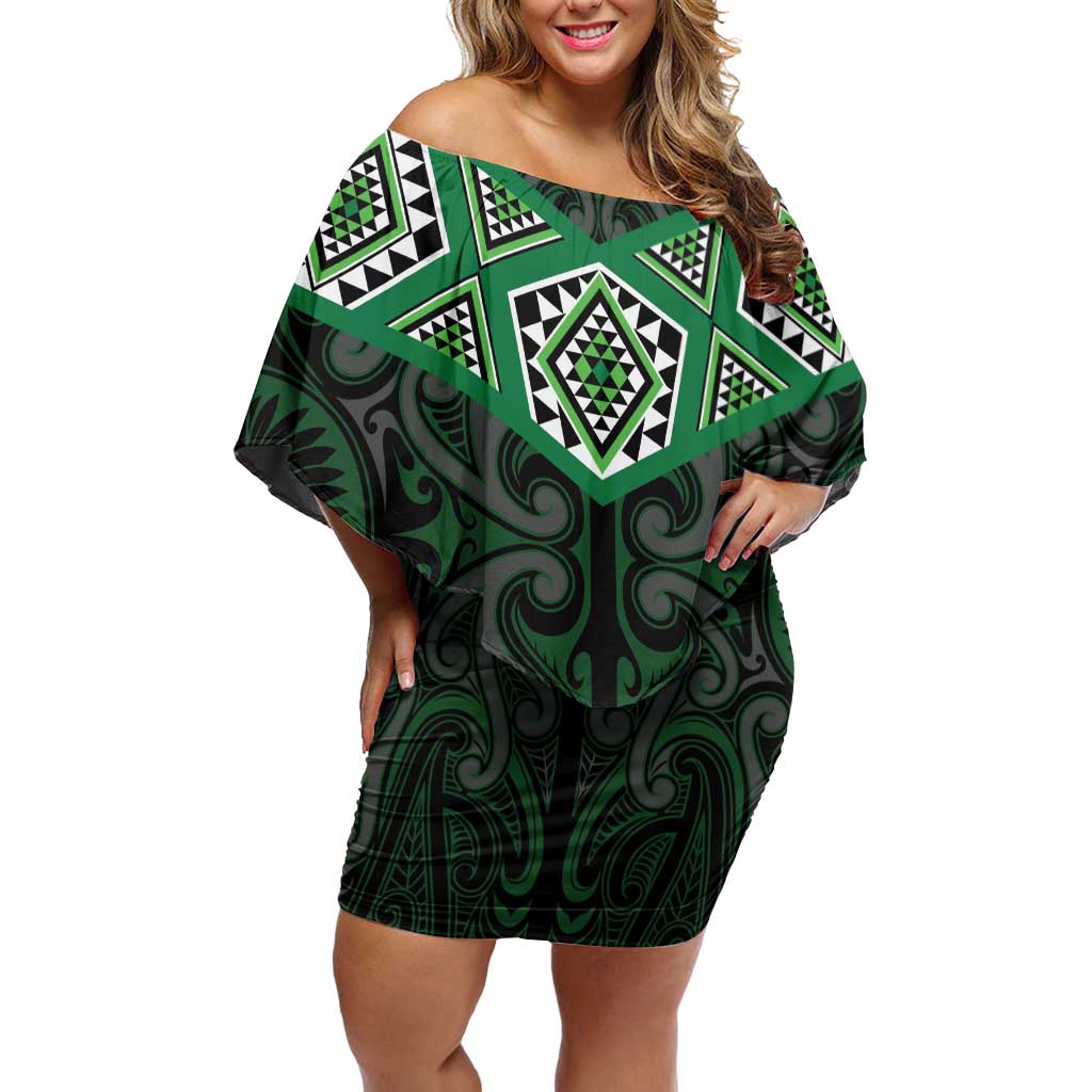 New Zealand Aotearoa Off Shoulder Short Dress Green Taniko Art Maori Pattern LT05 Women Green - Polynesian Pride