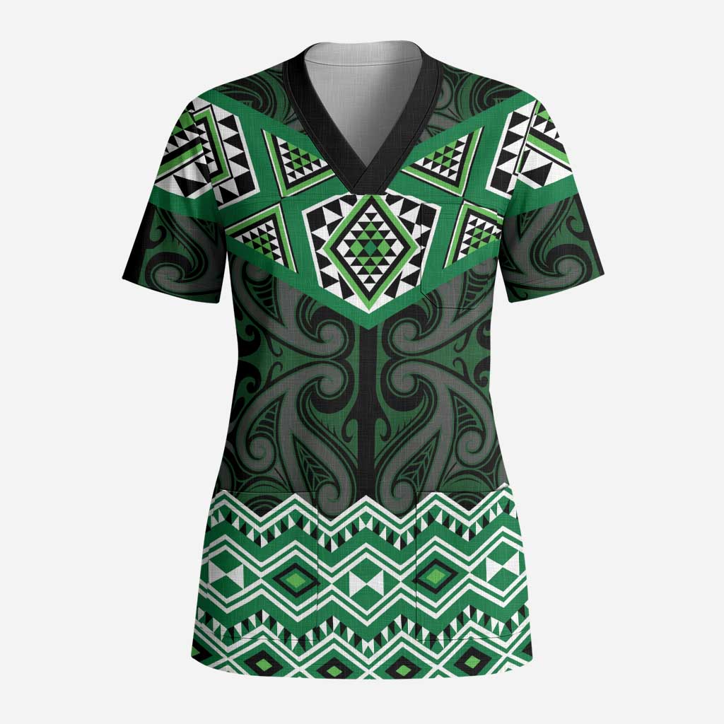 New Zealand Aotearoa Scrub Top Green Taniko Art Maori Pattern LT05 Adult Green - Polynesian Pride