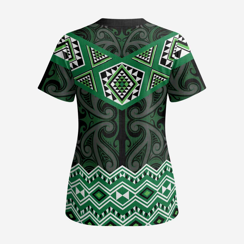 New Zealand Aotearoa Scrub Top Green Taniko Art Maori Pattern LT05 - Polynesian Pride