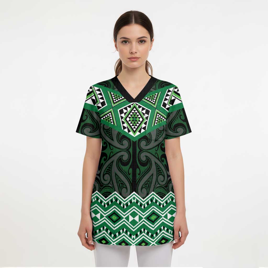 New Zealand Aotearoa Scrub Top Green Taniko Art Maori Pattern LT05 - Polynesian Pride
