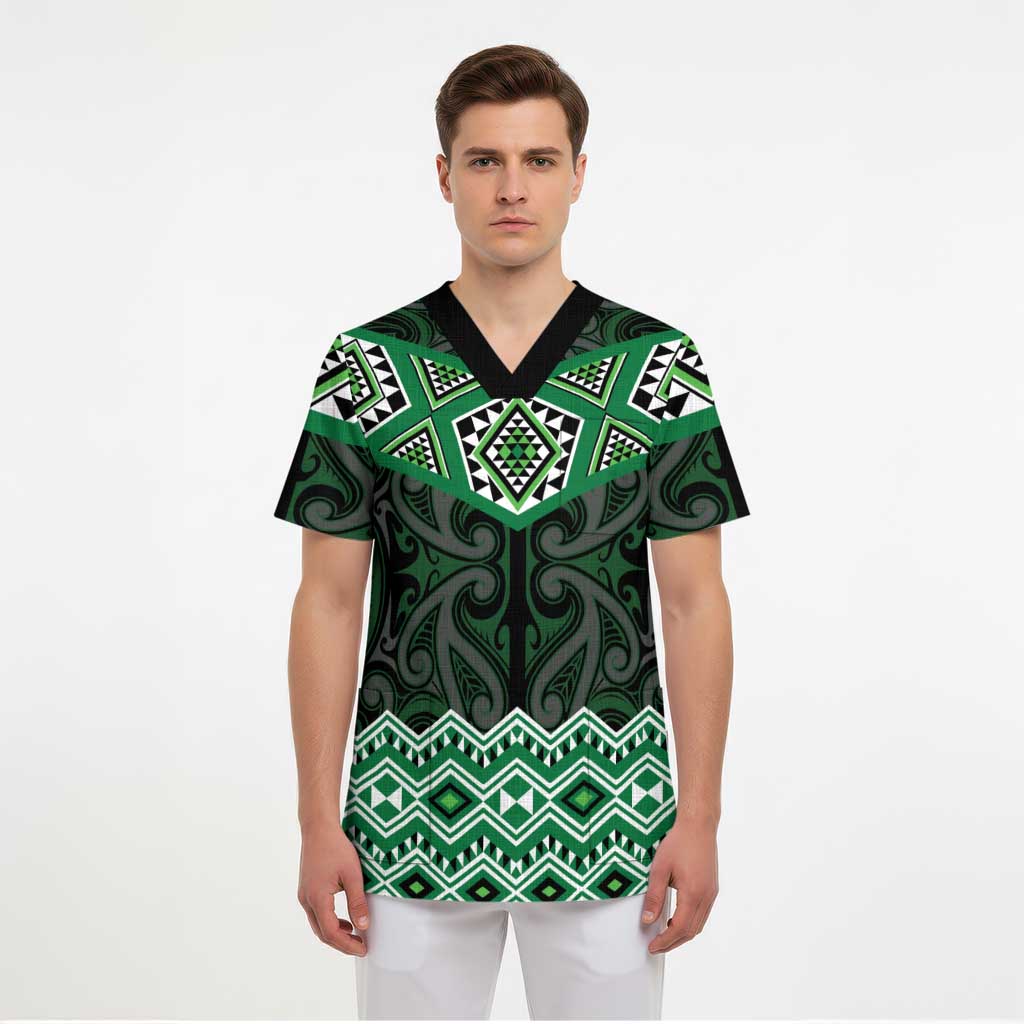 New Zealand Aotearoa Scrub Top Green Taniko Art Maori Pattern LT05 - Polynesian Pride