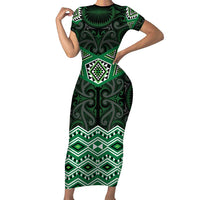 New Zealand Aotearoa Short Sleeve Bodycon Dress Green Taniko Art Maori Pattern LT05 Long Dress Green - Polynesian Pride