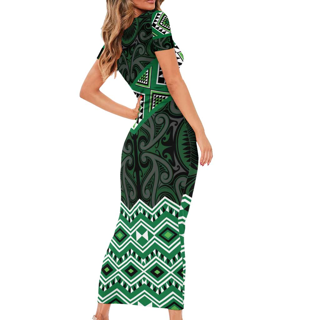 New Zealand Aotearoa Short Sleeve Bodycon Dress Green Taniko Art Maori Pattern LT05 - Polynesian Pride