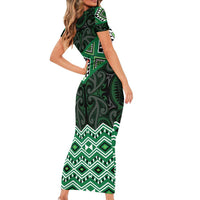 New Zealand Aotearoa Short Sleeve Bodycon Dress Green Taniko Art Maori Pattern LT05 - Polynesian Pride