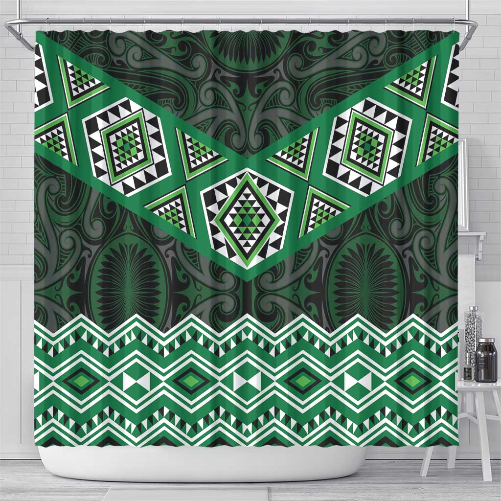 New Zealand Aotearoa Shower Curtain Green Taniko Art Maori Pattern LT05 - Polynesian Pride