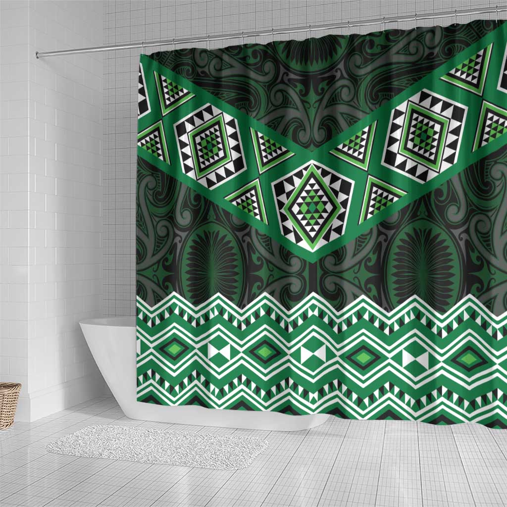 New Zealand Aotearoa Shower Curtain Green Taniko Art Maori Pattern LT05 - Polynesian Pride