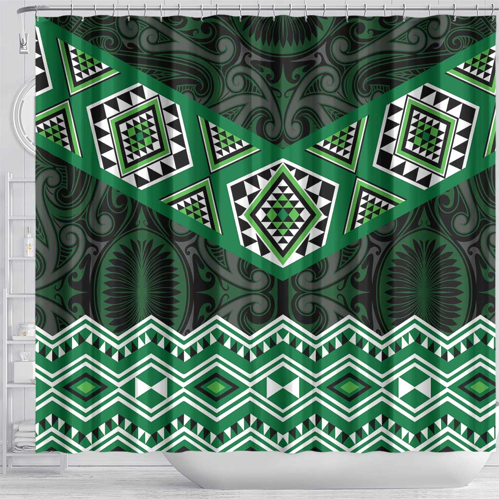 New Zealand Aotearoa Shower Curtain Green Taniko Art Maori Pattern LT05 - Polynesian Pride
