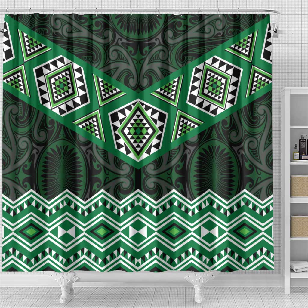 New Zealand Aotearoa Shower Curtain Green Taniko Art Maori Pattern LT05 - Polynesian Pride