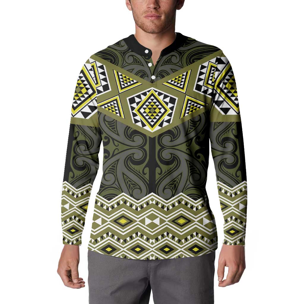 New Zealand Aotearoa Button Sweatshirt Yellow Taniko Art Maori Pattern LT05 - Polynesian Pride