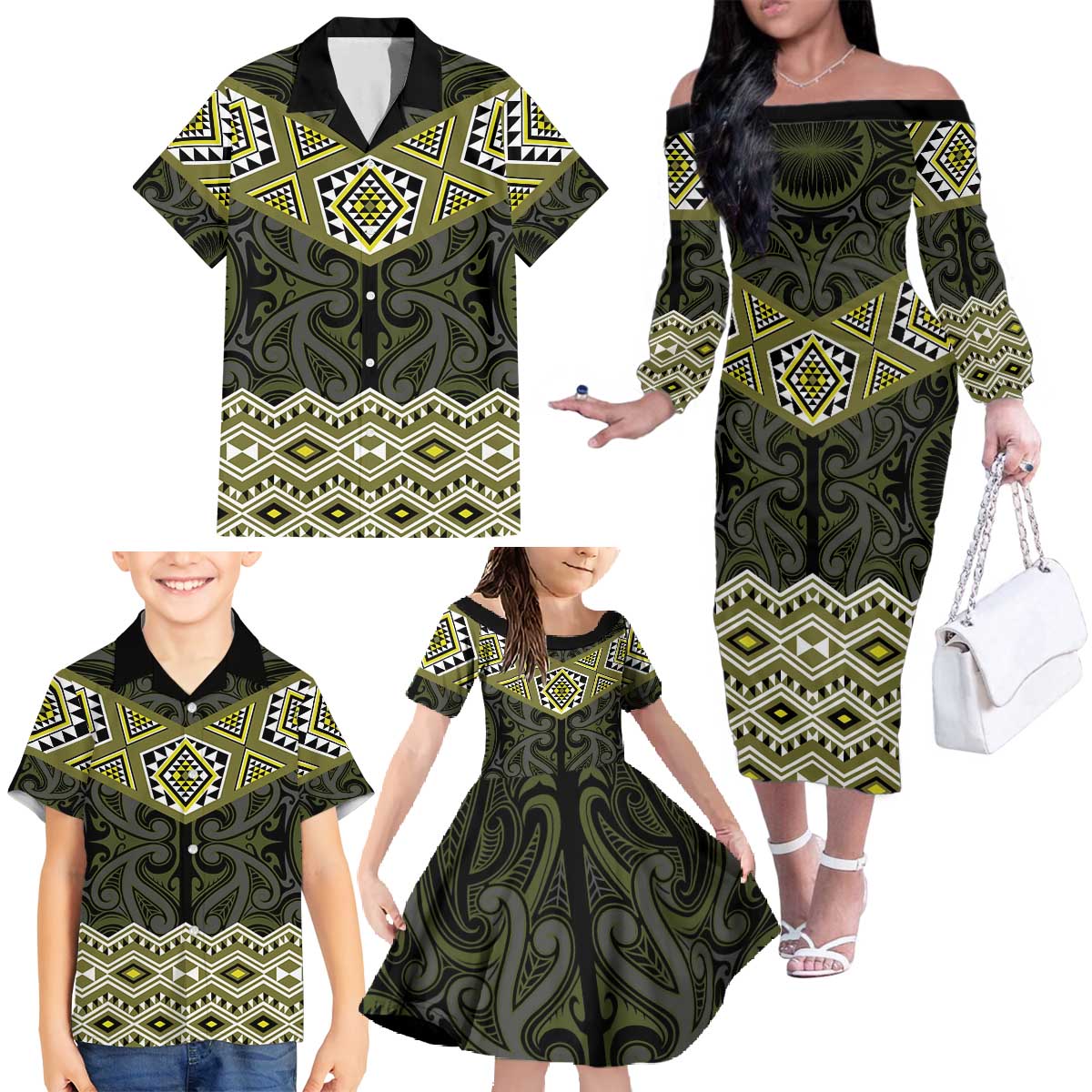 New Zealand Aotearoa Family Matching Off The Shoulder Long Sleeve Dress and Hawaiian Shirt Yellow Taniko Art Maori Pattern