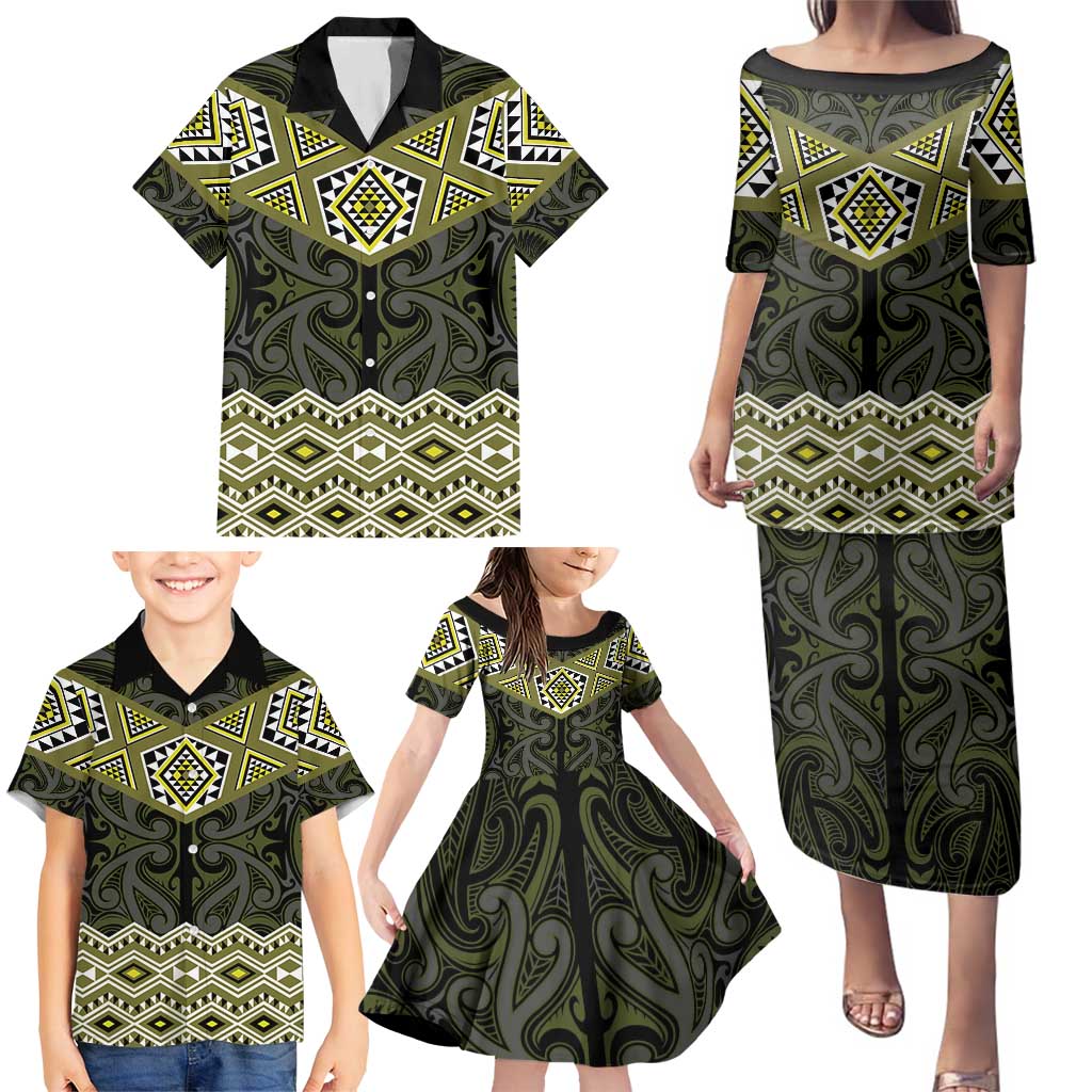 New Zealand Aotearoa Family Matching Puletasi and Hawaiian Shirt Yellow Taniko Art Maori Pattern