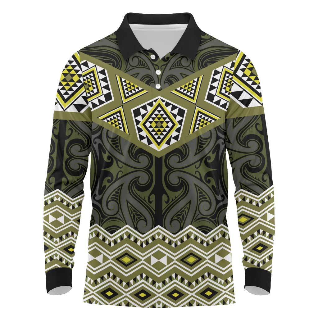New Zealand Aotearoa Long Sleeve Polo Shirt Yellow Taniko Art Maori Pattern LT05 Yellow - Polynesian Pride