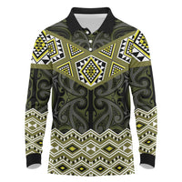 New Zealand Aotearoa Long Sleeve Polo Shirt Yellow Taniko Art Maori Pattern LT05 Yellow - Polynesian Pride