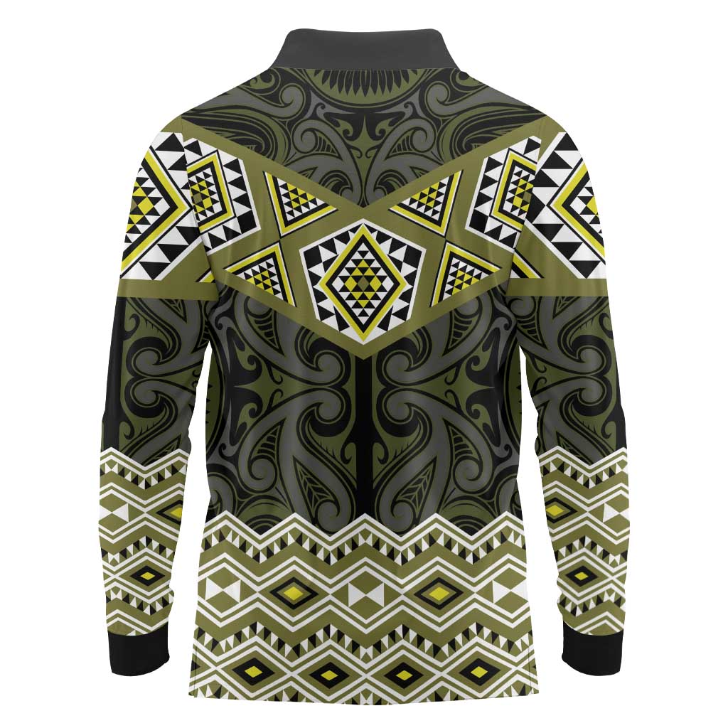 New Zealand Aotearoa Long Sleeve Polo Shirt Yellow Taniko Art Maori Pattern LT05 - Polynesian Pride