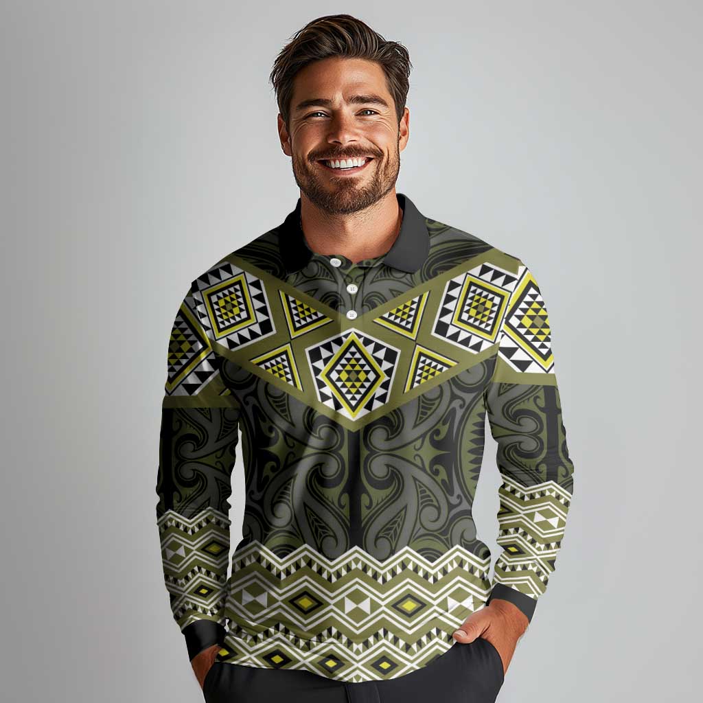 New Zealand Aotearoa Long Sleeve Polo Shirt Yellow Taniko Art Maori Pattern LT05 - Polynesian Pride