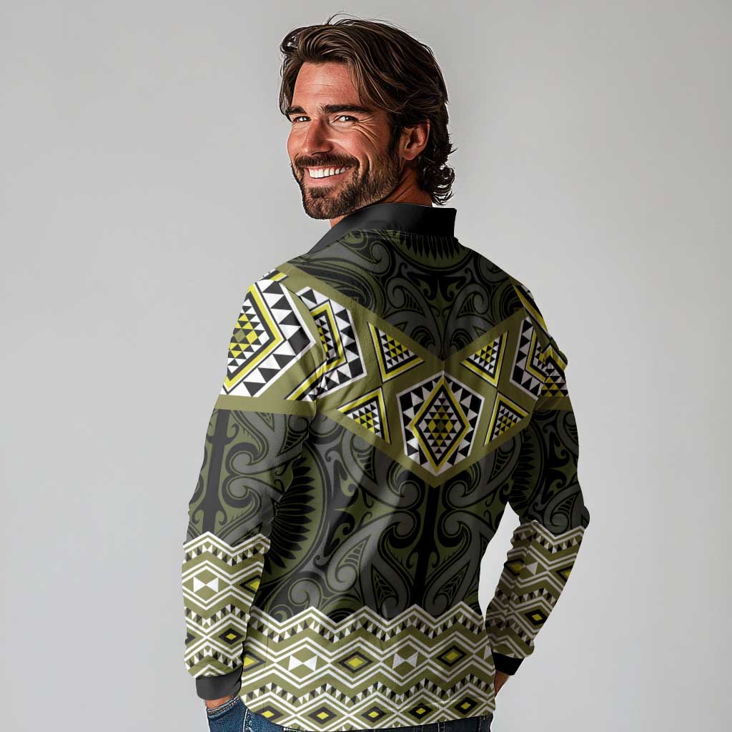 New Zealand Aotearoa Long Sleeve Polo Shirt Yellow Taniko Art Maori Pattern LT05 - Polynesian Pride