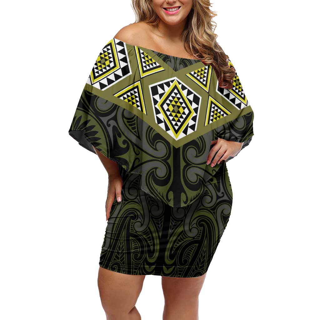 New Zealand Aotearoa Off Shoulder Short Dress Yellow Taniko Art Maori Pattern LT05 Women Yellow - Polynesian Pride