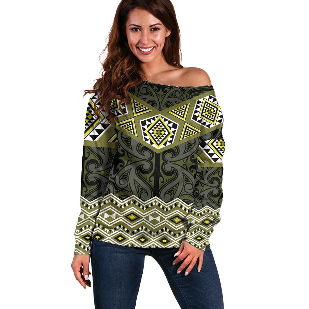 New Zealand Aotearoa Off Shoulder Sweater Yellow Taniko Art Maori Pattern LT05 Women Yellow - Polynesian Pride