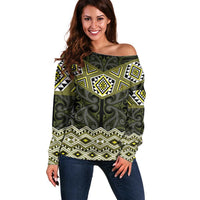 New Zealand Aotearoa Off Shoulder Sweater Yellow Taniko Art Maori Pattern LT05 Women Yellow - Polynesian Pride