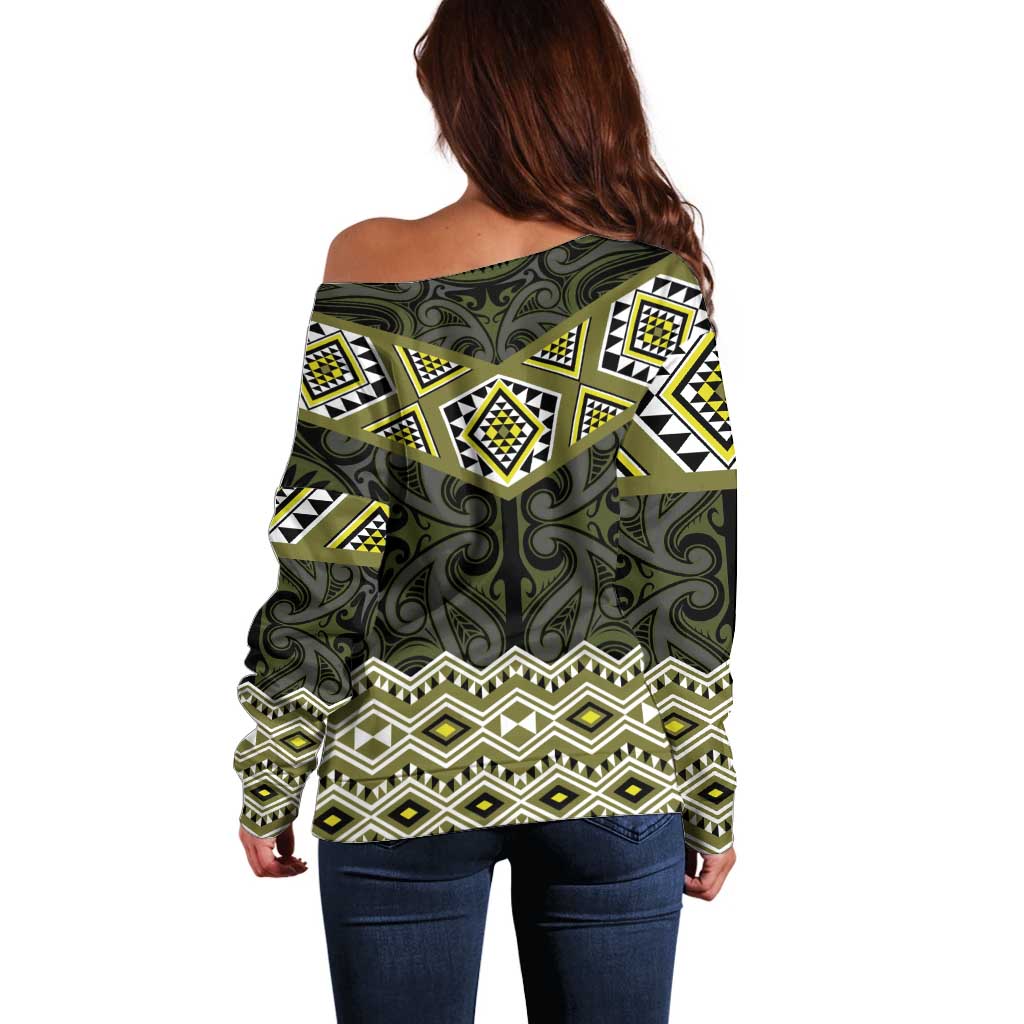New Zealand Aotearoa Off Shoulder Sweater Yellow Taniko Art Maori Pattern LT05 - Polynesian Pride