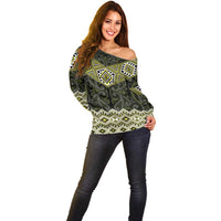 New Zealand Aotearoa Off Shoulder Sweater Yellow Taniko Art Maori Pattern LT05 - Polynesian Pride