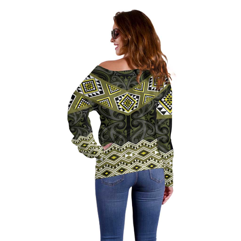 New Zealand Aotearoa Off Shoulder Sweater Yellow Taniko Art Maori Pattern LT05 - Polynesian Pride