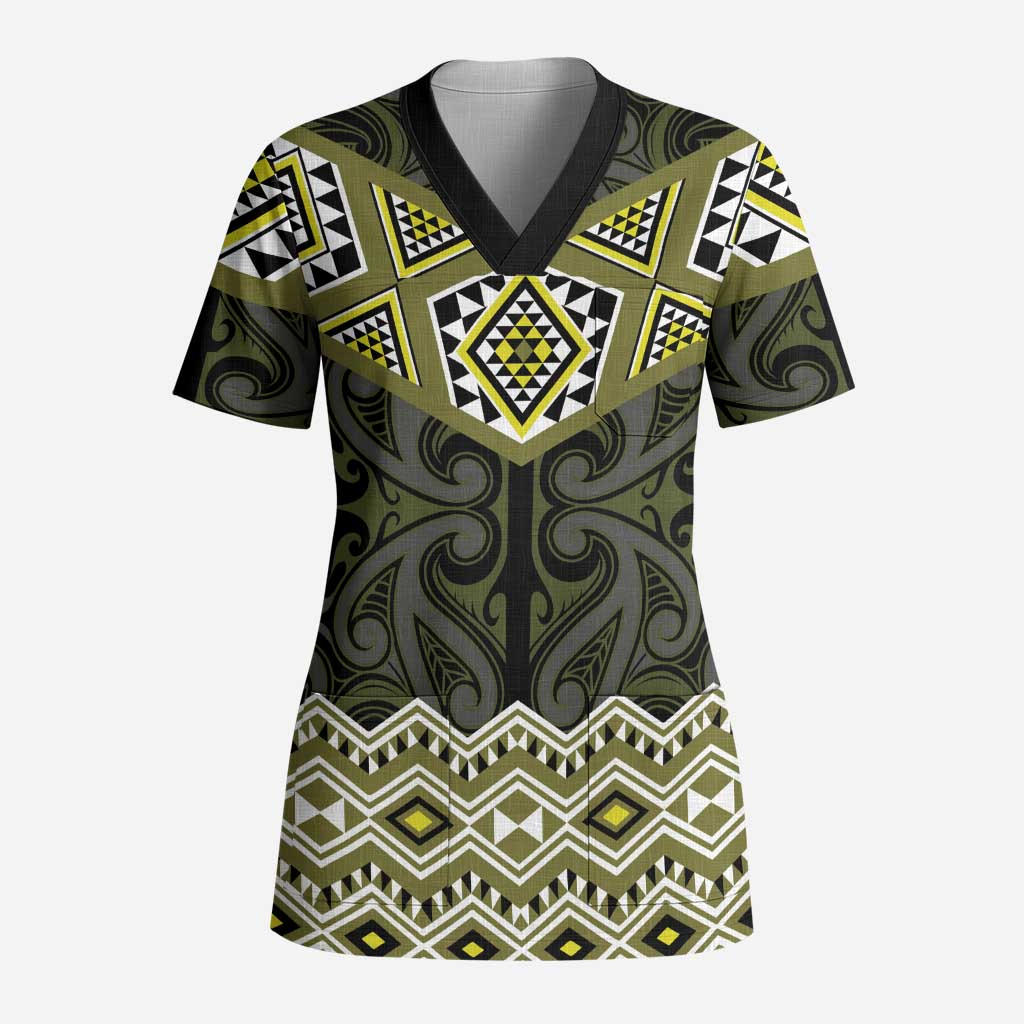 New Zealand Aotearoa Scrub Top Yellow Taniko Art Maori Pattern LT05 Adult Yellow - Polynesian Pride