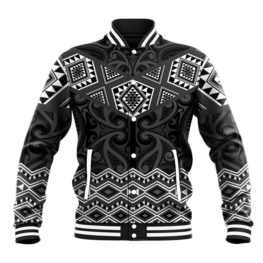 New Zealand Aotearoa Baseball Jacket Black Taniko Art Maori Pattern LT05 Unisex Black - Polynesian Pride