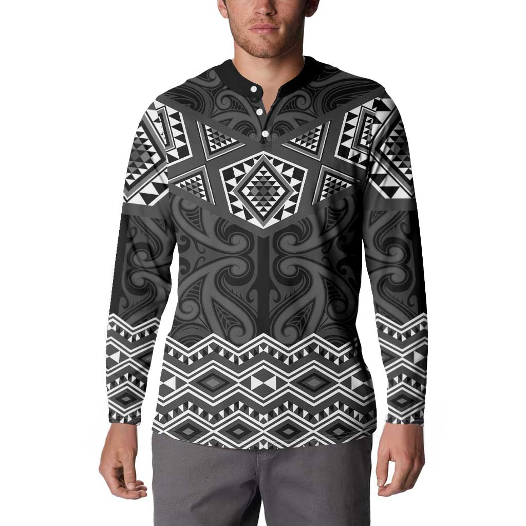 New Zealand Aotearoa Button Sweatshirt Black Taniko Art Maori Pattern LT05 - Polynesian Pride