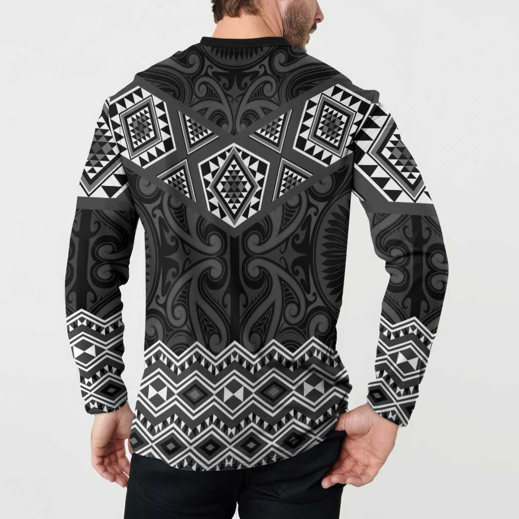 New Zealand Aotearoa Button Sweatshirt Black Taniko Art Maori Pattern LT05 - Polynesian Pride