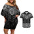 New Zealand Aotearoa Couples Matching Off Shoulder Short Dress and Hawaiian Shirt Black Taniko Art Maori Pattern